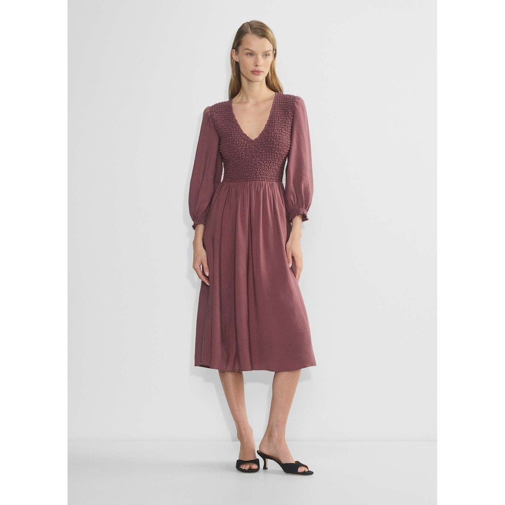 NEW Wilfred Hart Midi Dress Large Opera Rose Smocked V-Neck L/S Aritzia Pockets